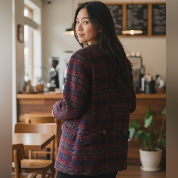 Vintage Pendleton Four Pocket Red Navy Plaid Pattern Button Up Blazer Size 14W - Picture 7 of 13
